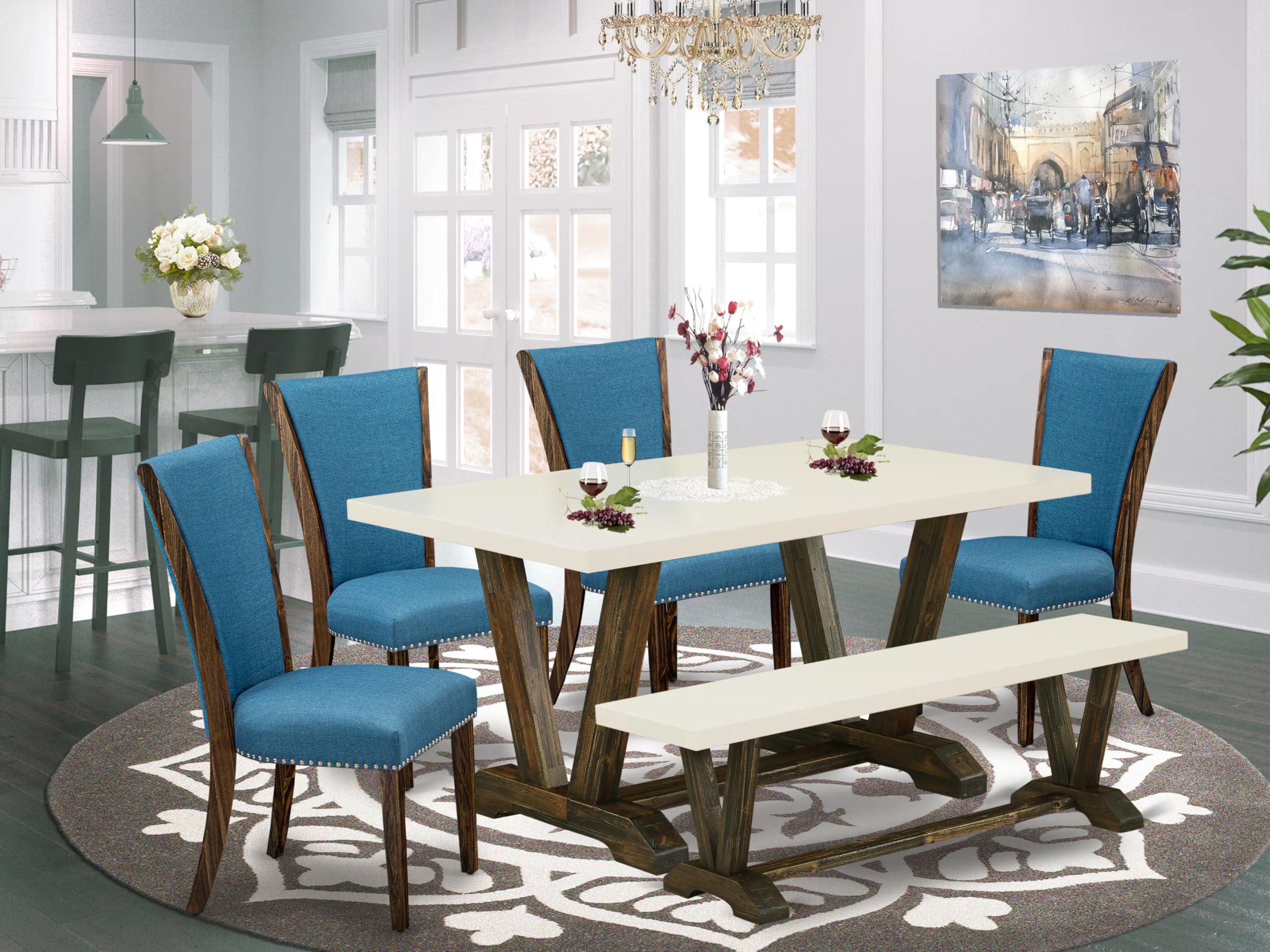 East West Furniture V726VE721-6 6 Piece Dining Set Contains a Rectangle Dining Room Table with V-Legs and 4 Blue Color Linen Fabric Upholstered Chairs with a Bench, 36x60 Inch, Multi-Color